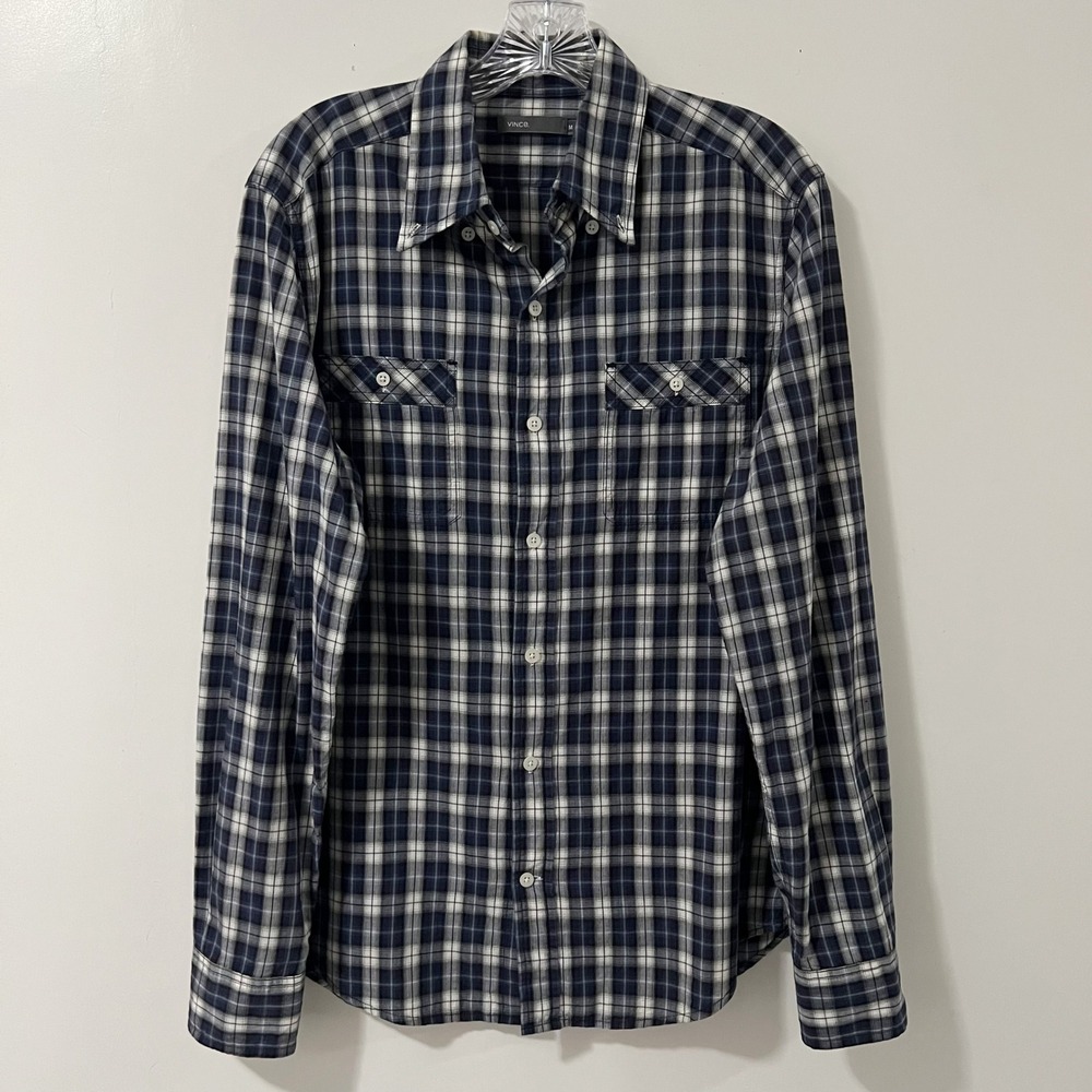 Vince Mens Navy Blue White Plaid Check Long Sleeve Button Down Shirt Size Medium